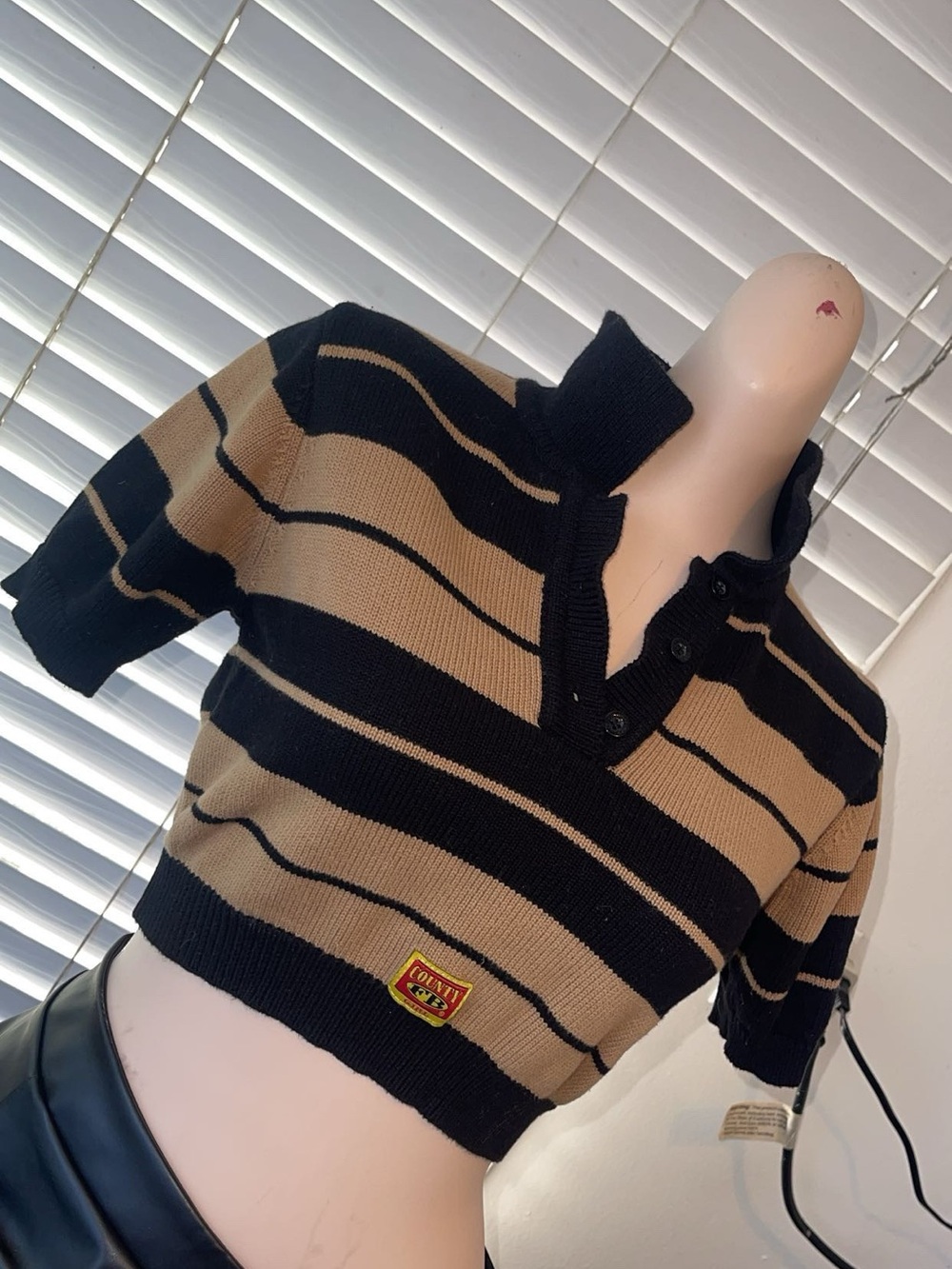Striped Cropped Polo Top in Black & Tan - Kids